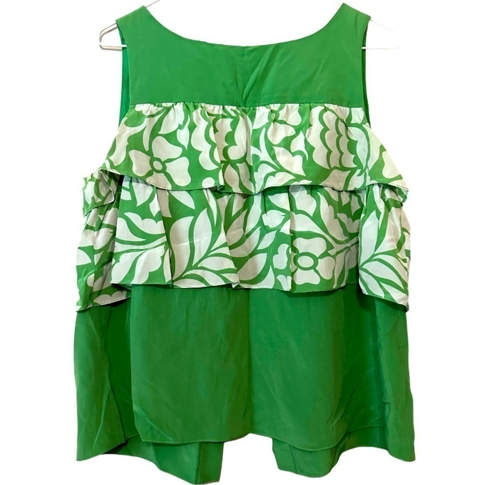 Tibi New York 100% Silk Green and White Floral Button Back Top Size 10